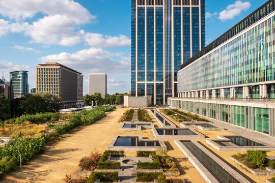 Modern glass buildings and botanical garden in Brussels - Belgium