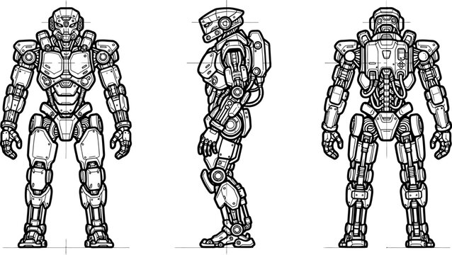 Armored exoskeleton robot blueprint vector design, detailed black and white multi-angle orthographic technical illustration of a futuristic tactical mech suit graphic