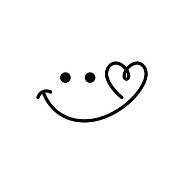 Minimalist black line drawing of a smiling face with a heart shape isolated on white