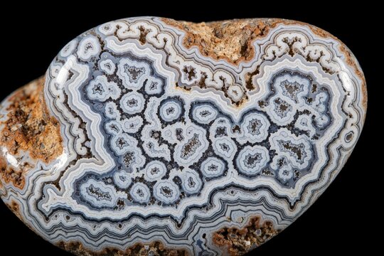 Macro shot of crazy lace agate specimen with intricate blue, white banding patterns. Polished gemstone shows detailed quartz layers, wavy lines on dark background. Natural mineral stone with