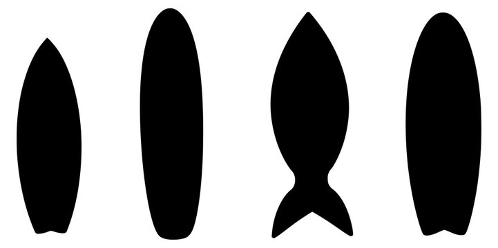 A minimalist graphic showcases 4 black surfboard silhouettes. JPEG version.