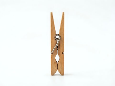 Wooden clothespin with metal spring mechanism isolated on white background