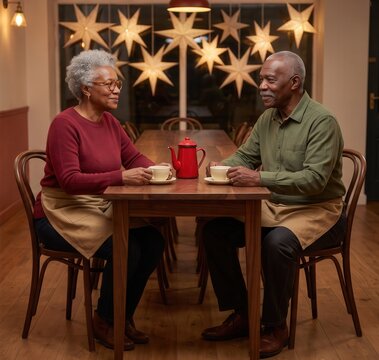 senior couple drinking coffee in cafe