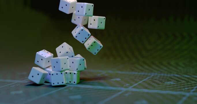Dice fall above a pile on card table with suit symbols