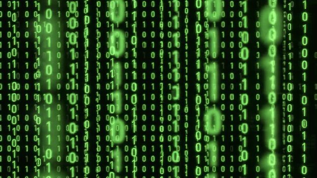 Digital green binary code streams falling in dark with copy space for technology concept backgrounds
