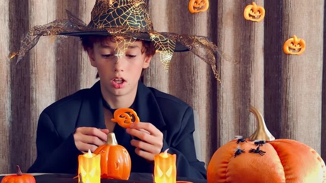  Child in witch hat playing with pumpkin decorations &mdash; fall vibes