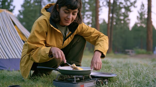 Young woman cooking breakfast on a portable stove near a tent in a forest