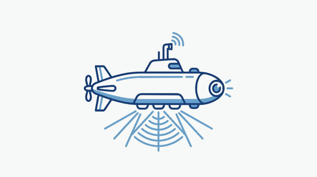 Blue and white line art vector illustration of a modern submarine vessel with active sonar waves, periscope signal, rear propeller, and front glass viewport isolated on white.
