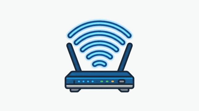 Modern wireless Wi-Fi router illustration with glowing blue signal waves, dual antennas, and multicolored status indicator lights on a clean white background for network technology.