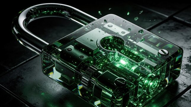 Transparent padlock opens with green light bursting from inside. Metal parts and broken shards fly out. Digital security concept breaking or unlocking. Future technology data protection symbol.