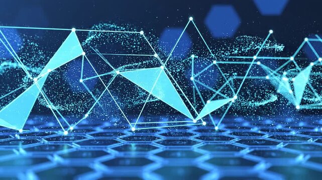 Digital network connections growing with glowing hexagonal patterns in a dark blue futuristic background