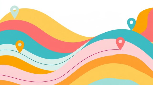 Colorful Winding Roadmap with Location Pins