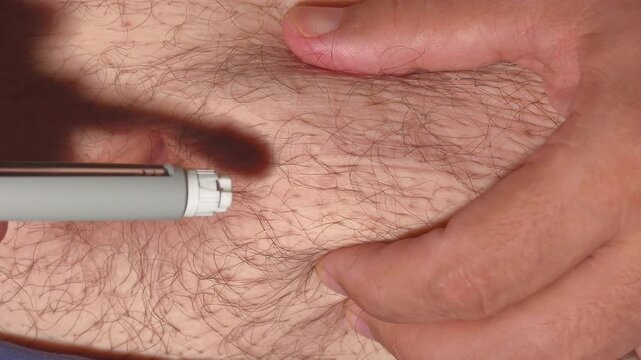 A detailed horizontal view displays an overweight individual injecting semaglutide GLP-1 medication into subcutaneous stomach fat near the navel, conceptualizing chronic disease therapy