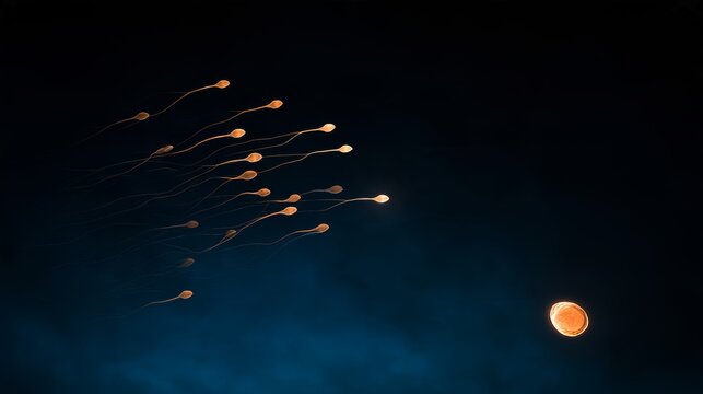 Conceptual Sperm Cells Approaching an Egg on Dark Blue