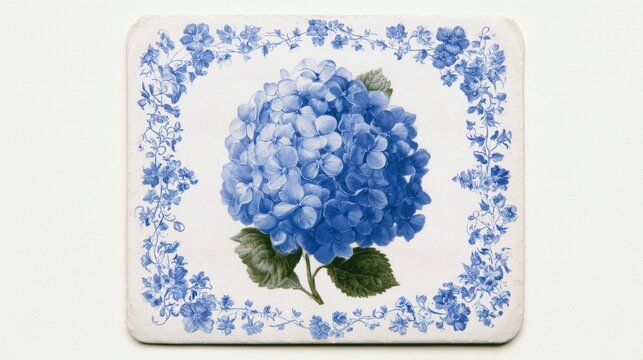 Blue Hydrangea on a Decorative Square Floral Tile