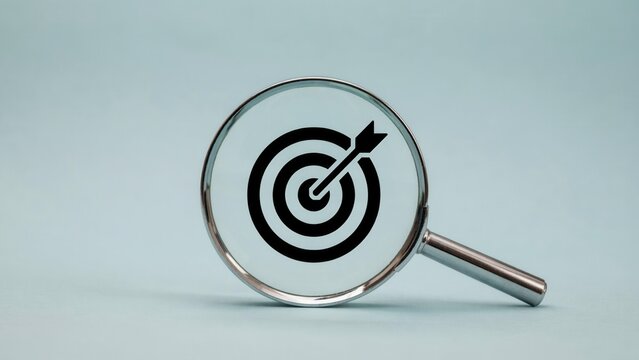 Black target icon positioned inside a clear magnifying glass against a minimalist light blue background capturing a sharp business focus
