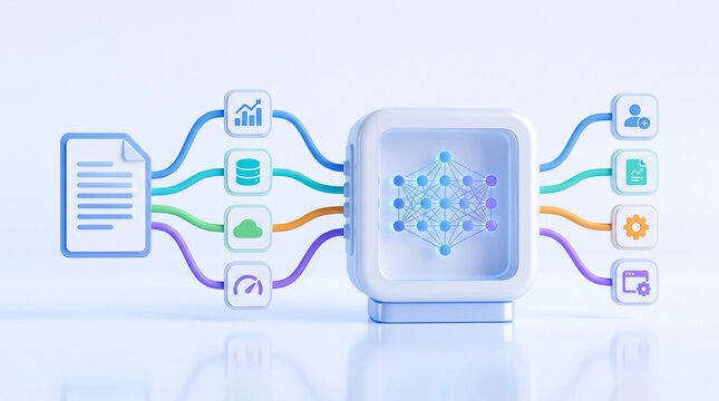AI neural network processing data flow with icons