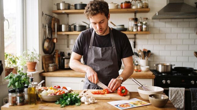 A man in an apron with a focused expression chops red bell pepper on a wooden cutting board in a cozy, well-equipped kitchen. Surrounded by fresh ingredients and cooking utensils.