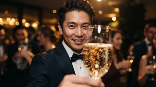 A handsome man in a tuxedo raises a flute of champagne, celebrating with friends in the background at an elegant gala event.