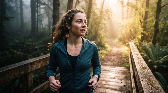 A determined woman runs across a wooden bridge on a foggy forest trail, illuminated by the ethereal morning sunlight.