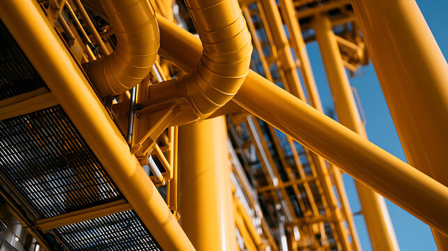 Yellow Steel Pipework and Structural Beams on Offshore Platform