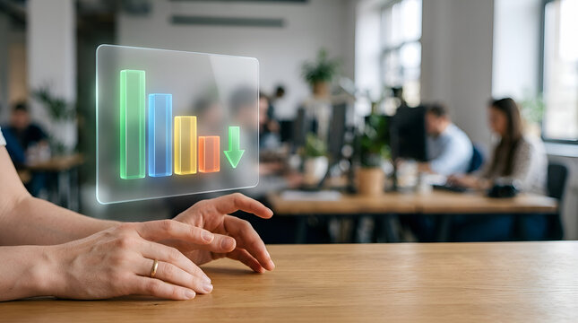 Business professional presents holographic bar chart with downward arrow