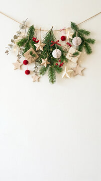 Christmas Garland with Pine Branches Gifts Stars and Lights on White Background