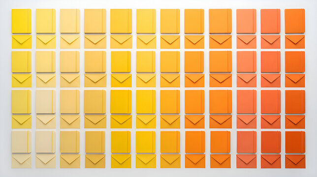Grid of paper envelopes in gradient yellow to orange tones, arranged in rows