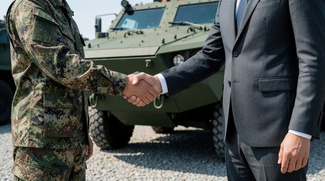 Military officer, businessman shake hands near armored combat vehicle. Defense contractor makes deal for security equipment. Strategic partnership between government, private industry during