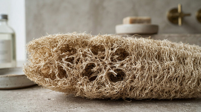 Natural loofah sponge with porous texture for bathing and exfoliation, displayed on bathroom counter with spa accessories