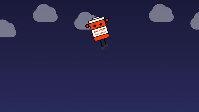 Cute battery robot flying through clouds at night, animation, energy concept