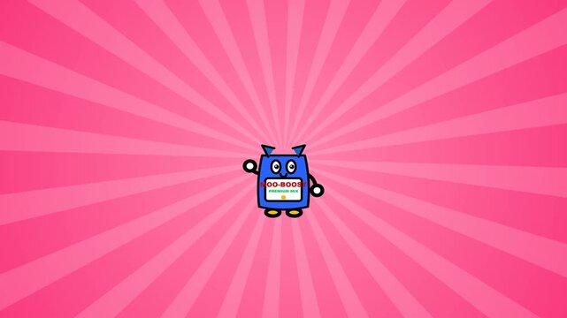 Cute Blue Robot Character Dancing and Waving on Pink Sunburst Background Animation