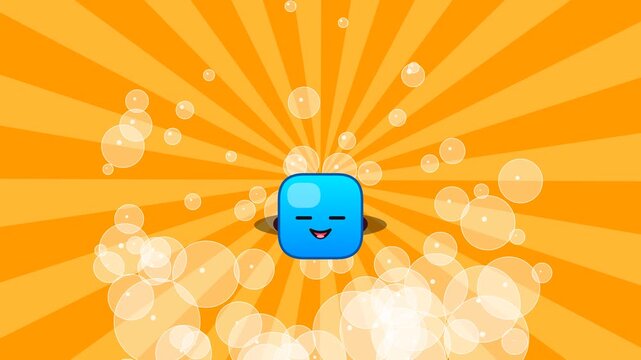 Happy Blue Cube Character Animation with Confetti and Bubbles on Sunburst Background
