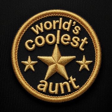 Gold embroidered patch on black fabric says Worlds Coolest Aunt. Round textile badge features shiny yellow star design. Premium quality sew on applique for denim jacket backpack. Fun gift idea for