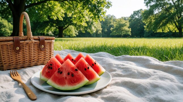 Sliced red watermelon on white plate sits on picnic blanket in sunny park. Wicker basket, wooden fork lie on cloth near green grass. Fresh juicy melon pieces make healthy summer snack for outdoor
