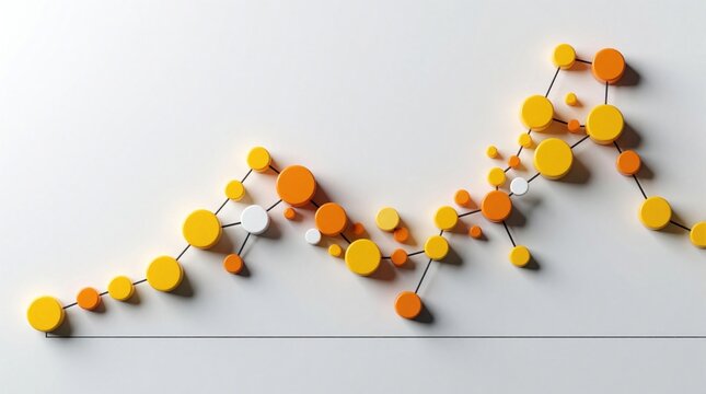 3D data graph with yellow orange circles connected by lines, ascending trend on white background. Abstract concept for analytics, growth, and information.