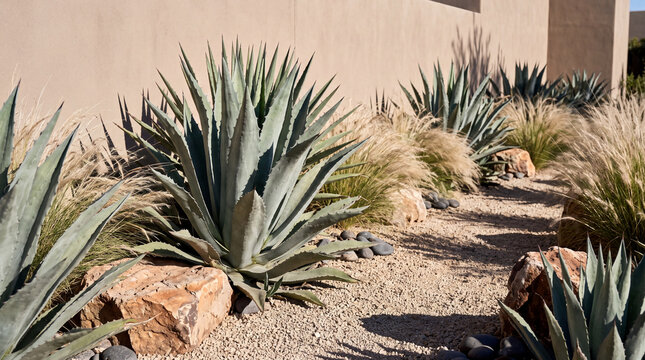 Modern Drought Tolerant Xeriscape Garden with Agaves Grasses and Minimalist Wall
