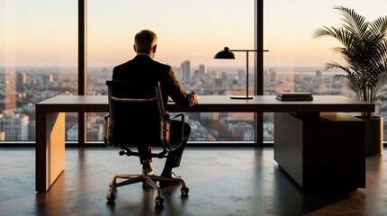 Obraz premium Confident male CEO sits at minimalist desk in modern office. Businessman views city skyline during golden sunset through large window. Executive works in luxury workspace with urban view. Successful