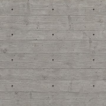 Board formed concrete wall, raw cast in place cement surface with timber plank imprint, horizontal wood grain relief and tie holes, flat frontal brutalist architectural material background
