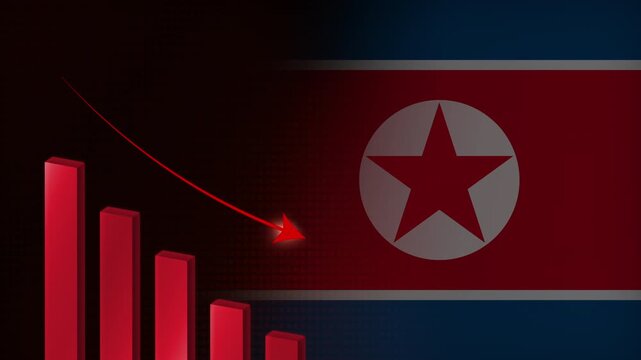 Economic crisis in North Korea concept background.Red falling graph animation with North Korean flag.Stock market crash
