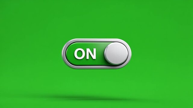 3D toggle switch in ON position, green slider button icon on green background. Minimalist user interface element for web and app design.