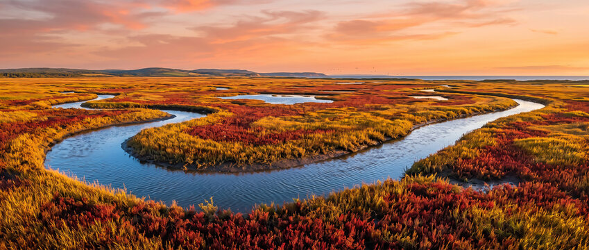 ブルーカーボン生態系 塩性湿地を蛇行する川と夕焼けの風景 秋に色づく塩生植物と干潟の自然環境 地球温暖化対策と脱炭素のイメージ背景