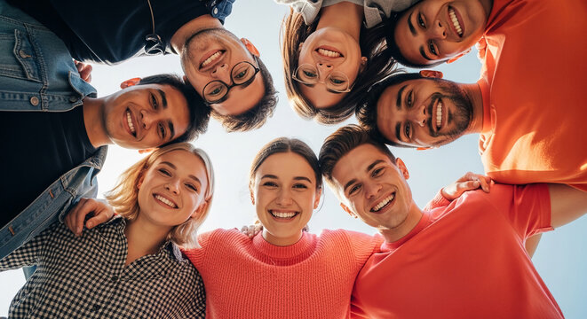 A group of smiling young people in a huddle, looking up. Symbolizes friendship, unity, and shared happiness.