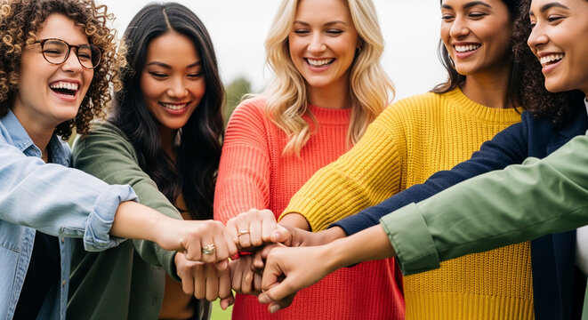Diverse group of women in colorful sweaters and jackets, joining hands in a gesture of unity and collaboration, symbolizing teamwork and friendship
