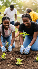 Obraz premium Young people planting small green seedlings in rich dark soil, symbolizing growth, community, and environmental care, representing new beginnings and teamwork