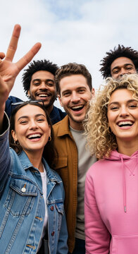 Group of young friends smiling and taking a selfie, showing joy and togetherness, symbolizing friendship and shared moments, ideal for lifestyle and social themes