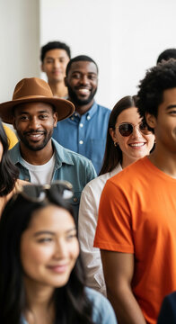 Diverse group of smiling people in casual clothing, representing unity and community, suitable for lifestyle and social themes.