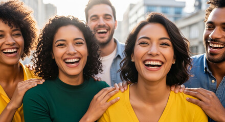 Fototapeta premium Diverse group of friends laughing outdoors, showcasing connection and joy, representing happiness, friendship, and community in an urban setting