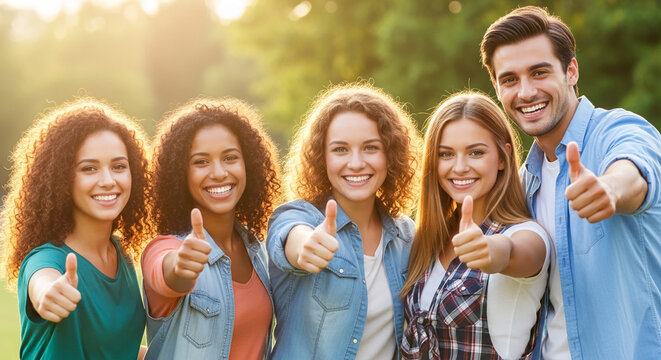 Diverse group of young people smiling and giving thumbs up in a sunny outdoor setting, representing positivity, success, and agreement