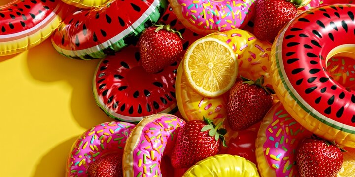 Vibrant summer composition featuring inflatable donuts and watermelon floats mixed with fresh strawberries and lemon slices on yellow.